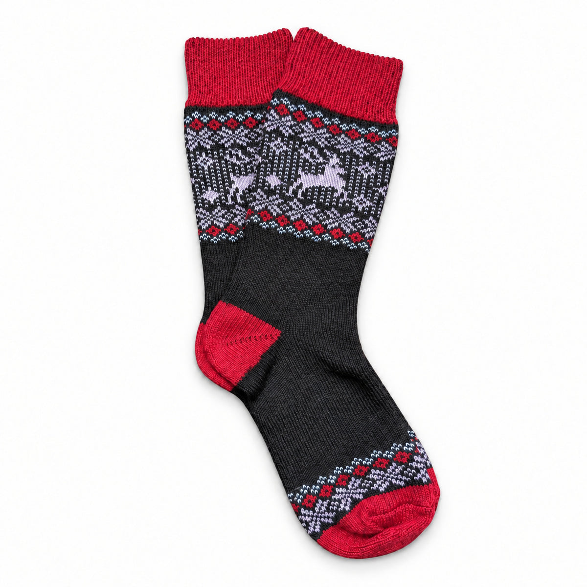 Birka Cabin merino wool blend socks with reindeer and snowflake motifs