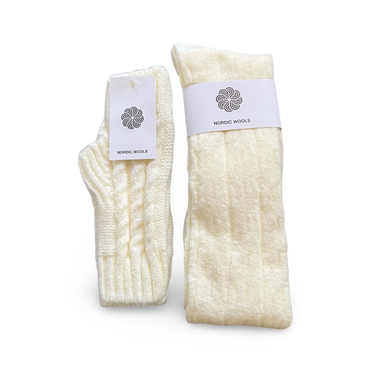 Cozy Set - Over The Knee Socks & Arm Sleeves Gloves - Creme - Womens