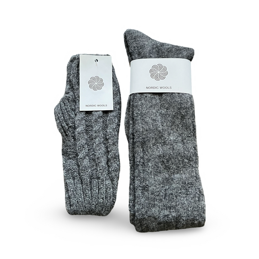 Cozy Set - Over The Knee Socks & Arm Sleeves Gloves - Grey - Womens