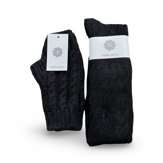 Cozy Set - Over The Knee Socks & Arm Sleeves Gloves - Black - Womens