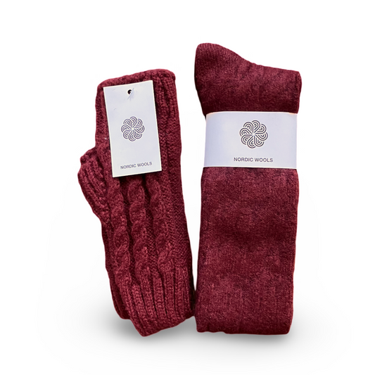 Cozy Set - Over The Knee Socks & Arm Sleeves Gloves - Crimson - Womens