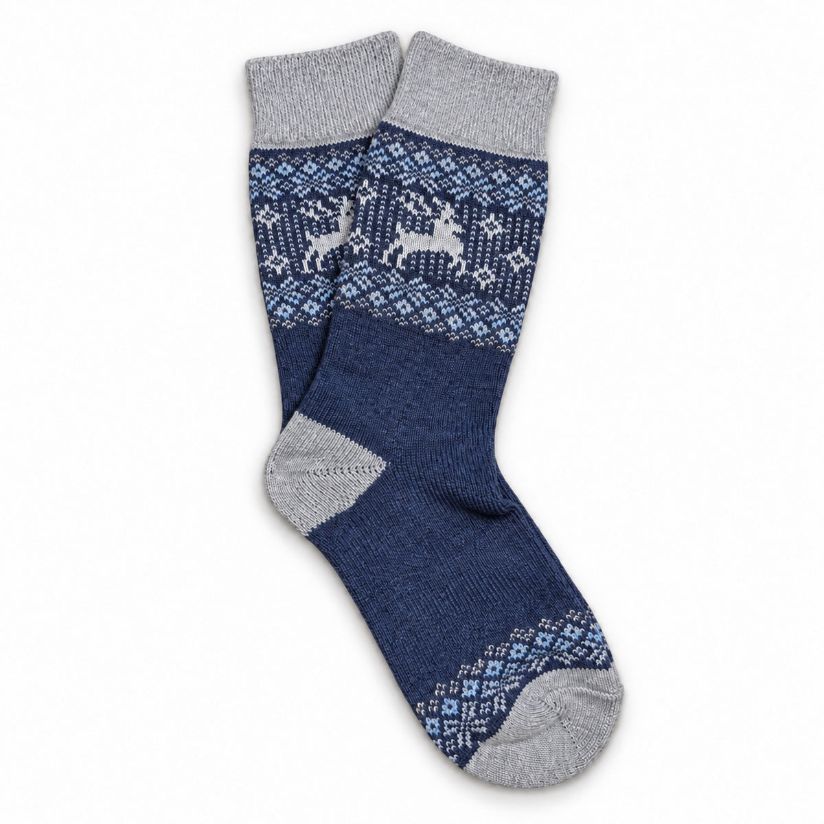 Birka Navy merino wool blend socks with reindeer and snowflake motifs