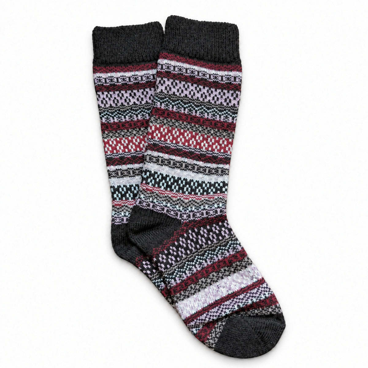 Ivar Crimson merino wool blend socks with bands of Nordic-inspired pattern